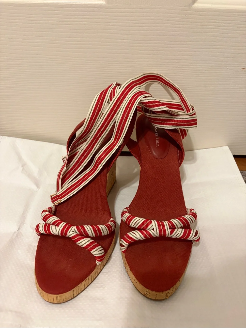 Banana Republic Red Cork Wedge Sandals with Striped Ankle Ties